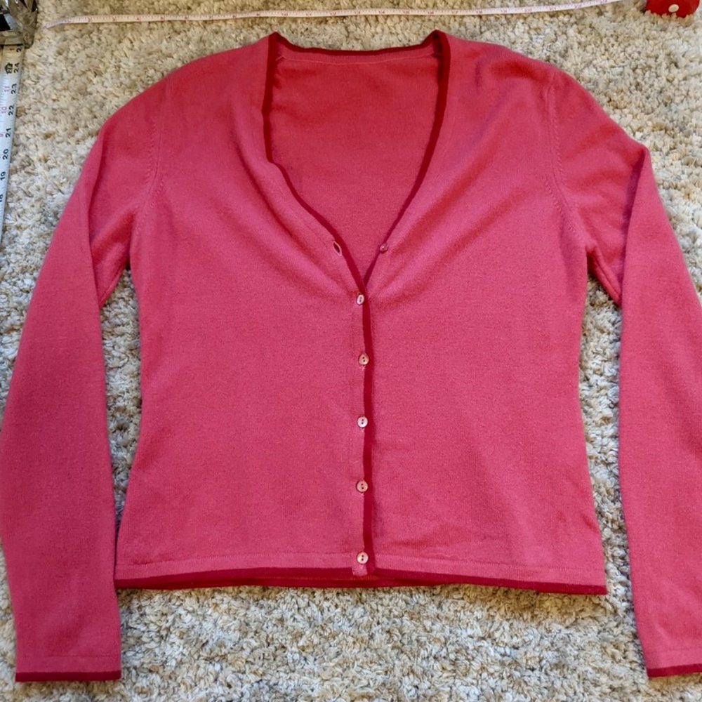 Cashmere Cardigan Pink w/ Red trim New without tags